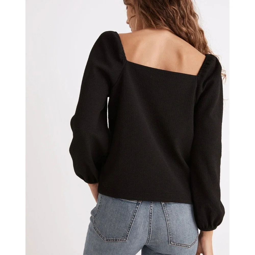 Madewell Crepe Square-Neck Puff-Sleeve Top Black Long Sleeve Romantic Womens‎ XS